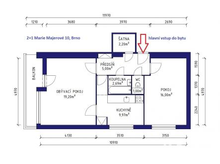 půdorys 2+1 M Majerové 10 Brno | Prodej bytu, 2+1, 57 m²