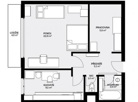 Půdorys Vlkova | Prodej bytu, 1+1, 53 m²