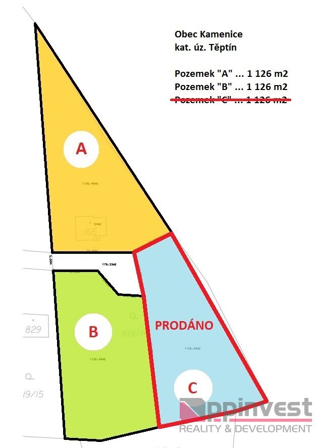 Prodej pozemku pro stavbu RD, Kamenice - Těptín, okr. Praha - východ