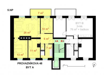 byt A - půdorys s m2 | Nástavba nových bytů v Černých Polích