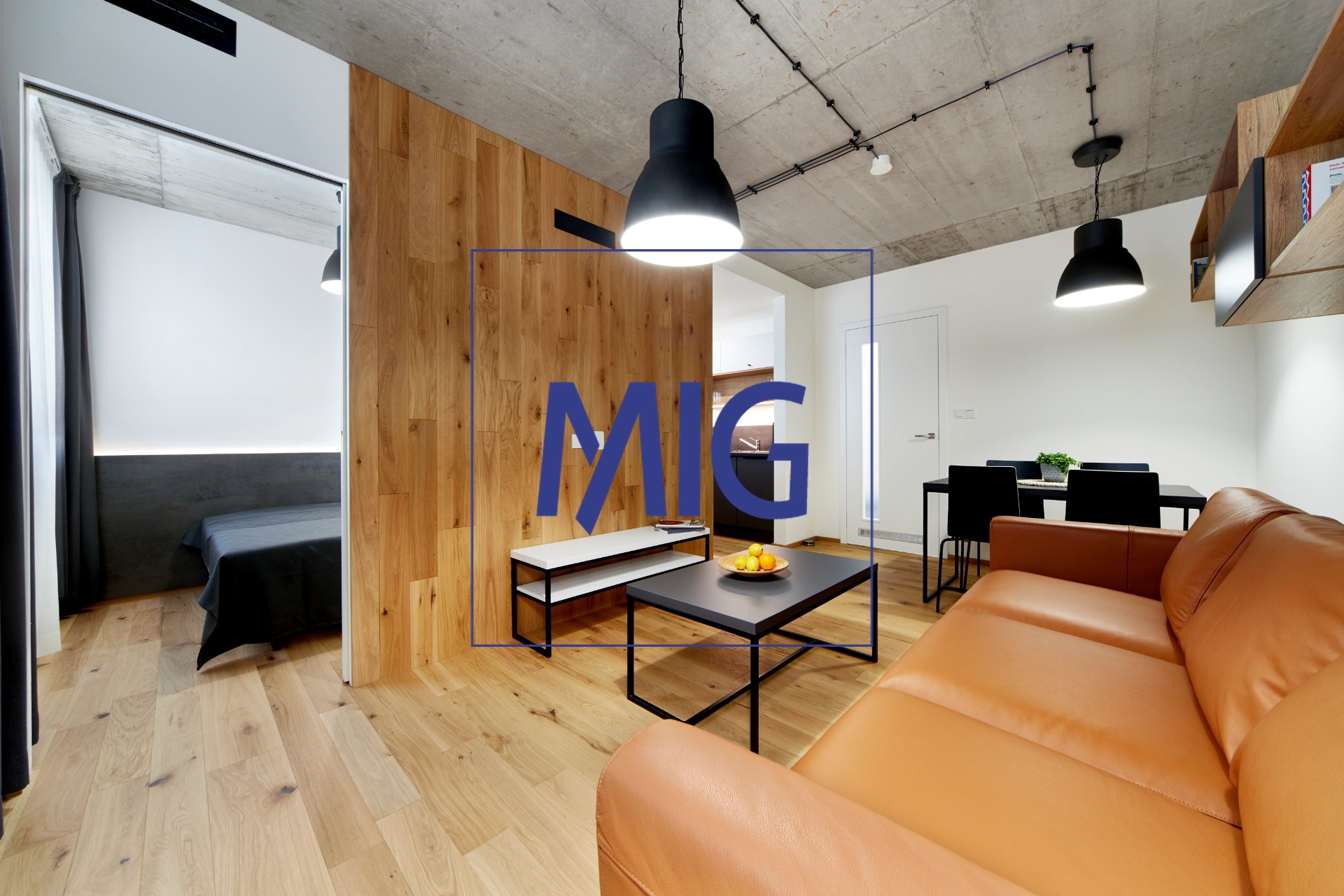 obývací část - kožená sedačka