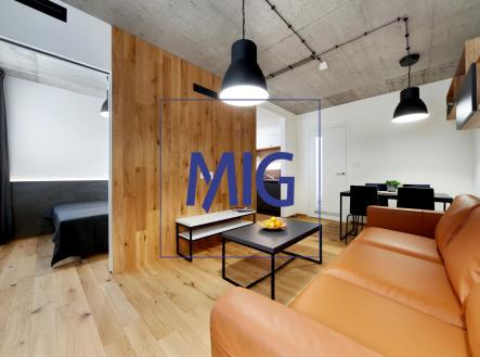 obývací část - kožená sedačka | Pronájem bytu, 2+kk, 35 m²