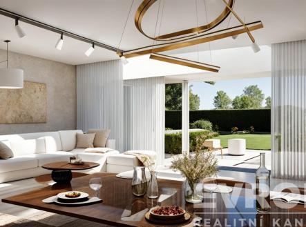 obývák-jídelna s přirozené světlo, dřevěná podlaha, pozoruhodný lustr, a sledovat osvětlení | Prodej - dům/vila, 121 m²
