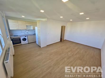 Obývací pokoj s moderní kuchyní, dřevěná podlaha, vestavěné spotřebiče, světlý interiér, rekonstruovaný prostor. | Pronájem bytu, 1+kk, 32 m²