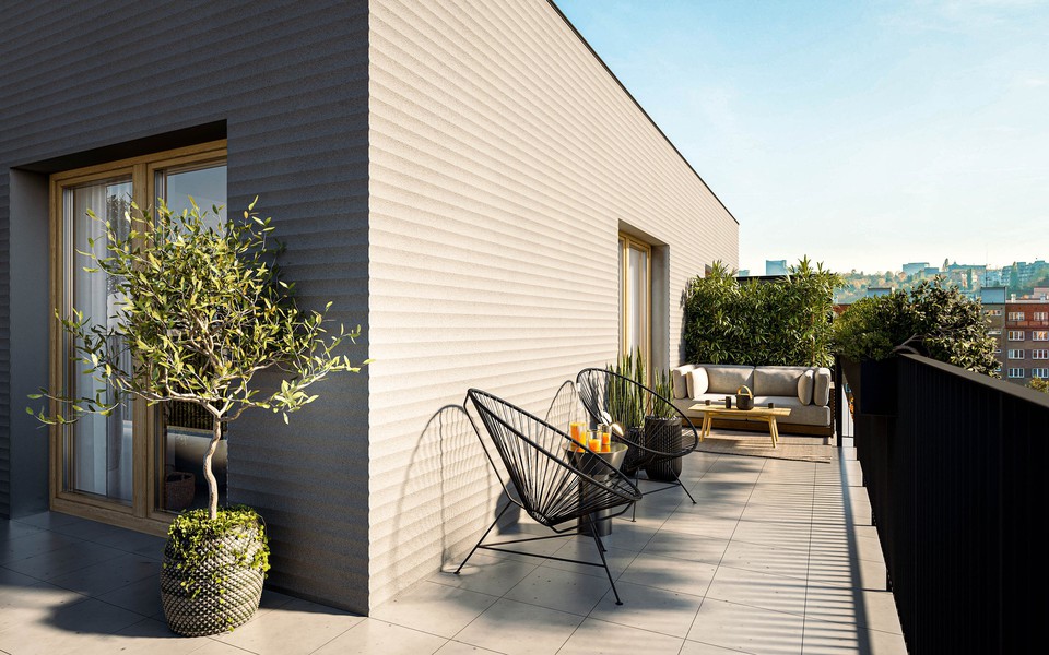 Prodej luxusního bytu 3kk (73,8 m²) se střešní terasou (15,4 m²), Nusle