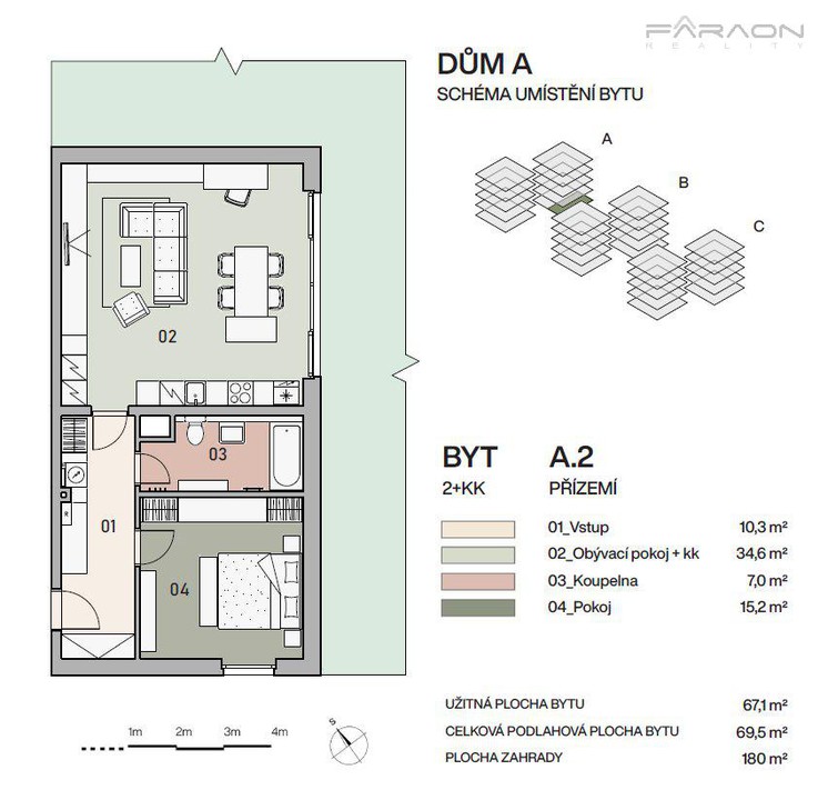 Prodej bytu 2+KK, 70 m2, zahrada 180 m2, sklep, garáž, Vysočany