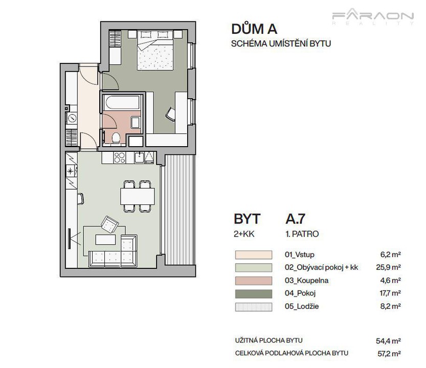 Nový byt 2+KK, 57 m2, balkon, garáž, Vysočany