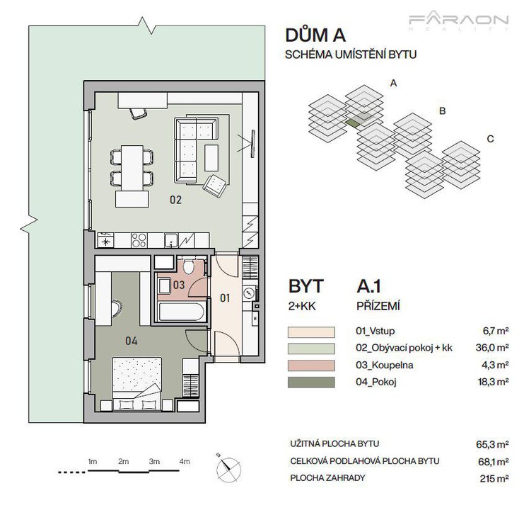 Prodej bytu 2+KK o ploše 68,1 m2 se zahradou 215 m2, sklepem a garáží, Vysočany