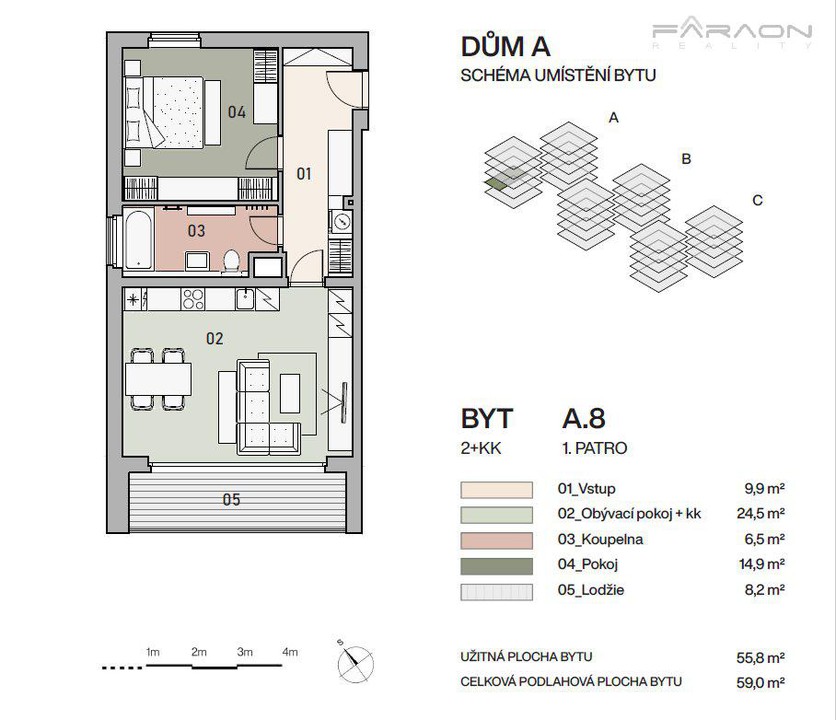 Nový byt 2+KK, 59 m2, lodžie, sklep, garáž