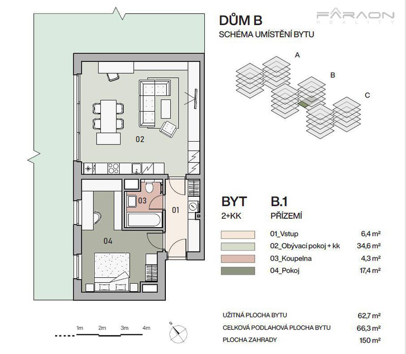 Prodej bytu 2+KK 68 m2 se zahradou 150 m2, garážové stání, sklep, Vysočany 