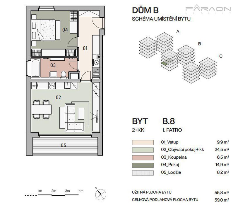 Prodej bytu 2+KK, 59 m2, lodžie 8m2, sklep, garáž