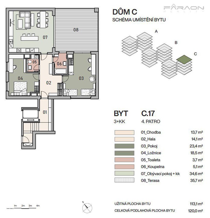 Prodej bytu 3+KK, 118 m2, terasa 37 m2, garáž, sklep, Vysočany