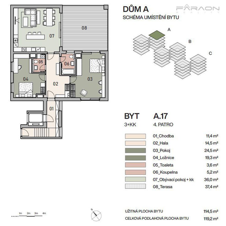 Prodej bytu 3+KK, 119 m2, terasa 37 m2, sklep, garáž, Vysočany