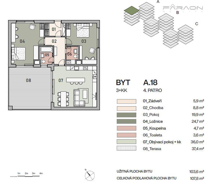 Prodej nadstandardního bytu 3+KK, 108 m2, terasa 37 m2, sklep, garáž, Vysočany 