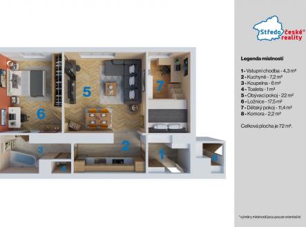 Ondřej Pačes - byt č. 101 v Michli, ul Počátecká 10 - 3D půdorys s legendou | Prodej bytu, 3+kk, 75 m²