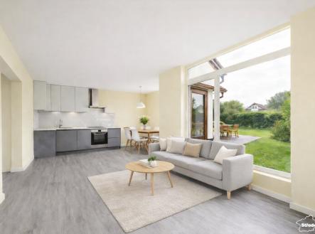 1NP obývací pokoj a kuchyň_vizualizace kuchyně | Prodej - dům/vila, 144 m²