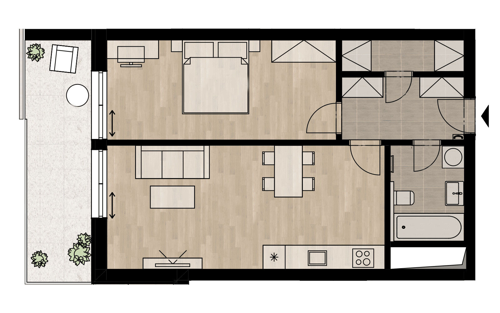 Rezidence Radimova, byt 2+kk 60,7 m2, terasa 12 m2