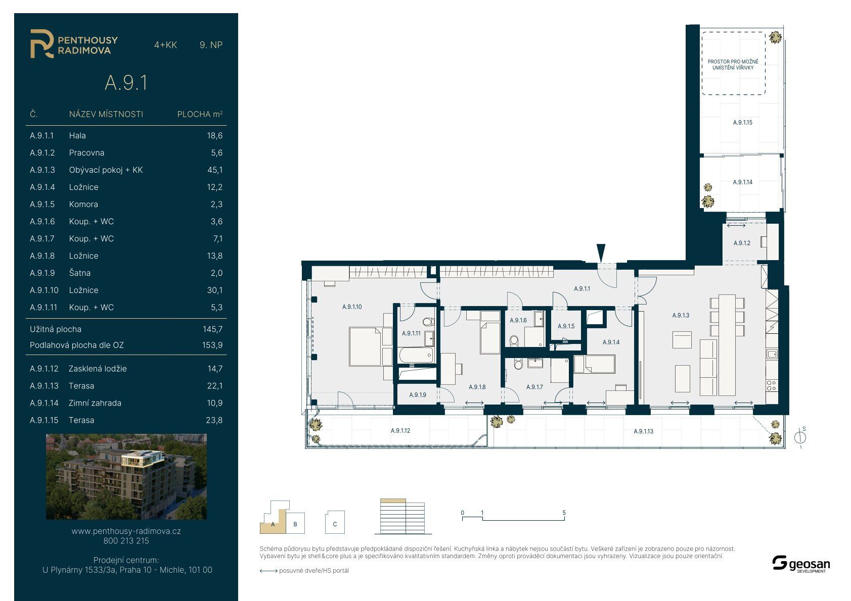 Rezidence Radimova, Penthouse 4+kk 154 m2, 2x terasa, zasklená lodžie, zimní zahrada, celkem 72m2