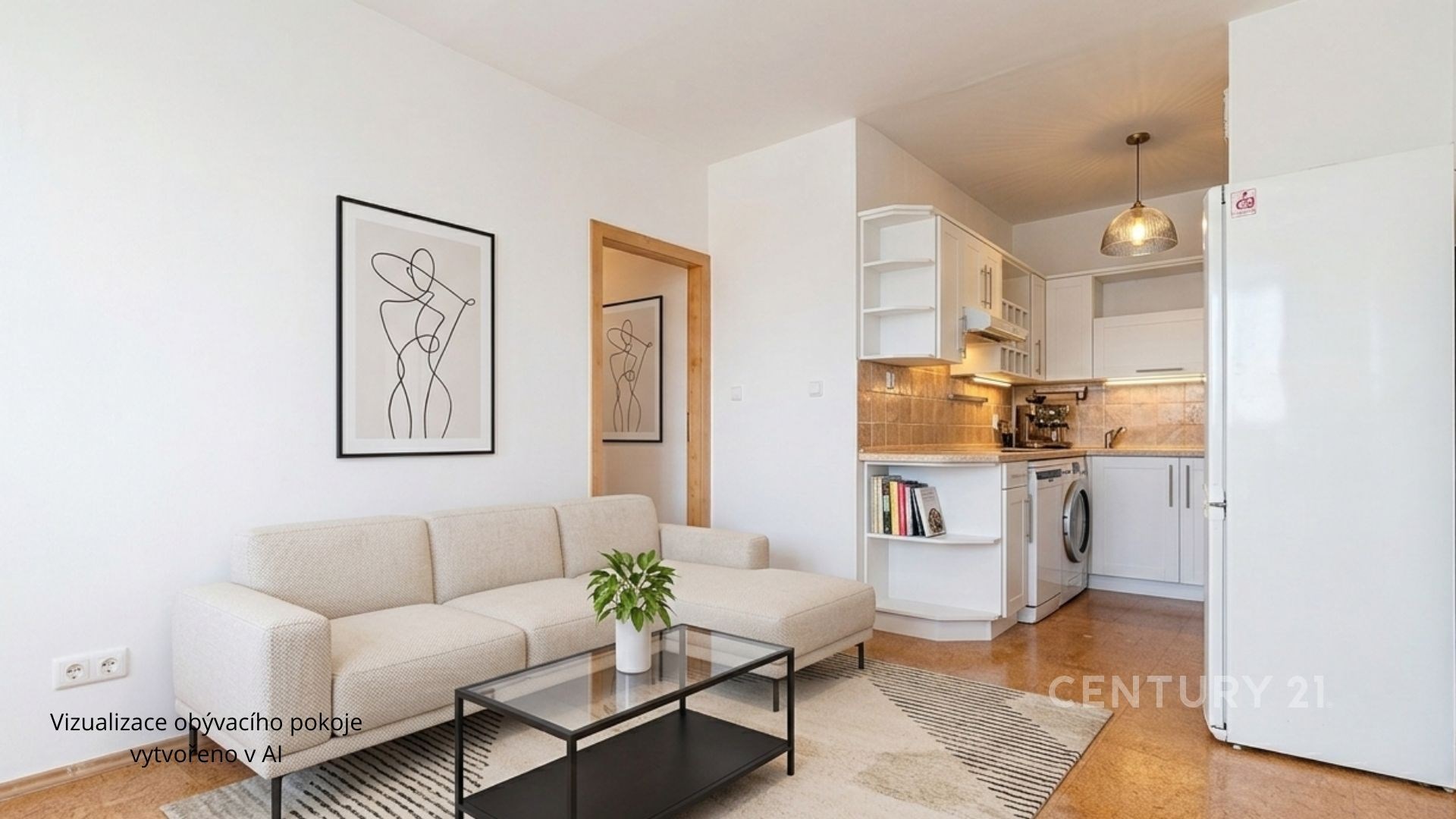 Světlý obývací pokoj s moderní kuchyní, parketová podlaha, velká okna, světlý interiér, minimalistický styl, vestavěné spotřebiče.