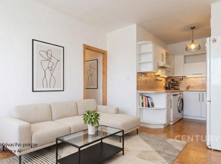 Světlý obývací pokoj s moderní kuchyní, parketová podlaha, velká okna, světlý interiér, minimalistický styl, vestavěné spotřebiče. | Prodej bytu, 2+kk, 41 m²