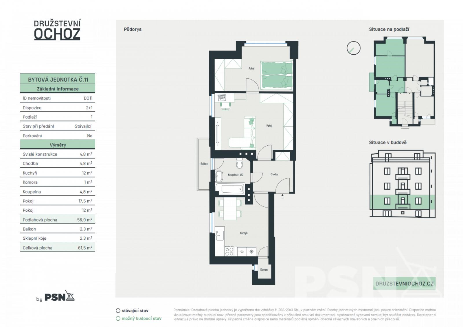 Bytová jednotka č. 11 o dispozici 2+1 a podlahové ploše 56,9 m²