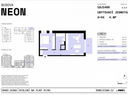 Neon & Xenon | Brno Jedna by PSN | Prodej bytu, 2+kk, 53 m²
