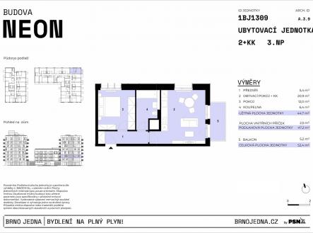 Neon & Xenon | Brno Jedna by PSN | Prodej bytu, 2+1, 52 m²