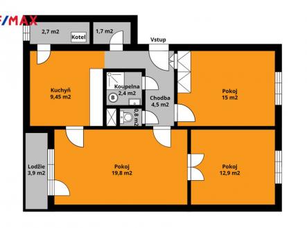 orientační půdorys | Pronájem bytu, 3+1, 73 m²