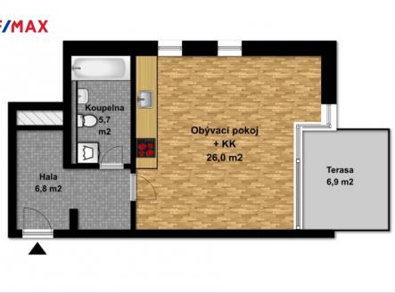 Orientační plánek bytu se zahradkou | Prodej bytu, 1+kk, 39 m²