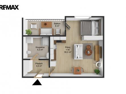 3D půdorys | Prodej bytu, 1+kk, 44 m²