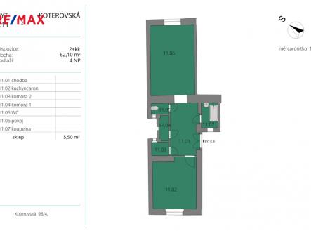 Půdorys bytu - prodej bytu 2+kk, Koterovská 93/4, Plzeň Slovany. | Prodej bytu, 2+kk, 62 m²