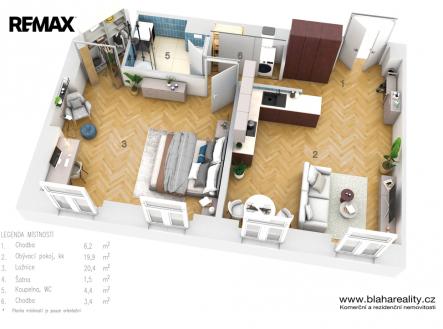 3D půdorys - Pronájem 2+kk, Zborovská 814/19, Praha - Smíchov | Pronájem bytu, 2+kk, 56 m²