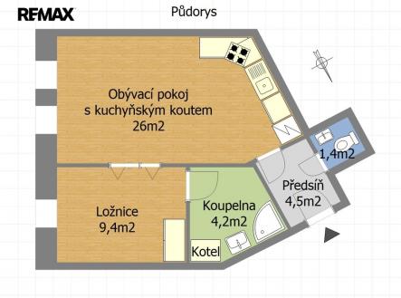 Půdorys | Pronájem bytu, 2+kk, 45 m²