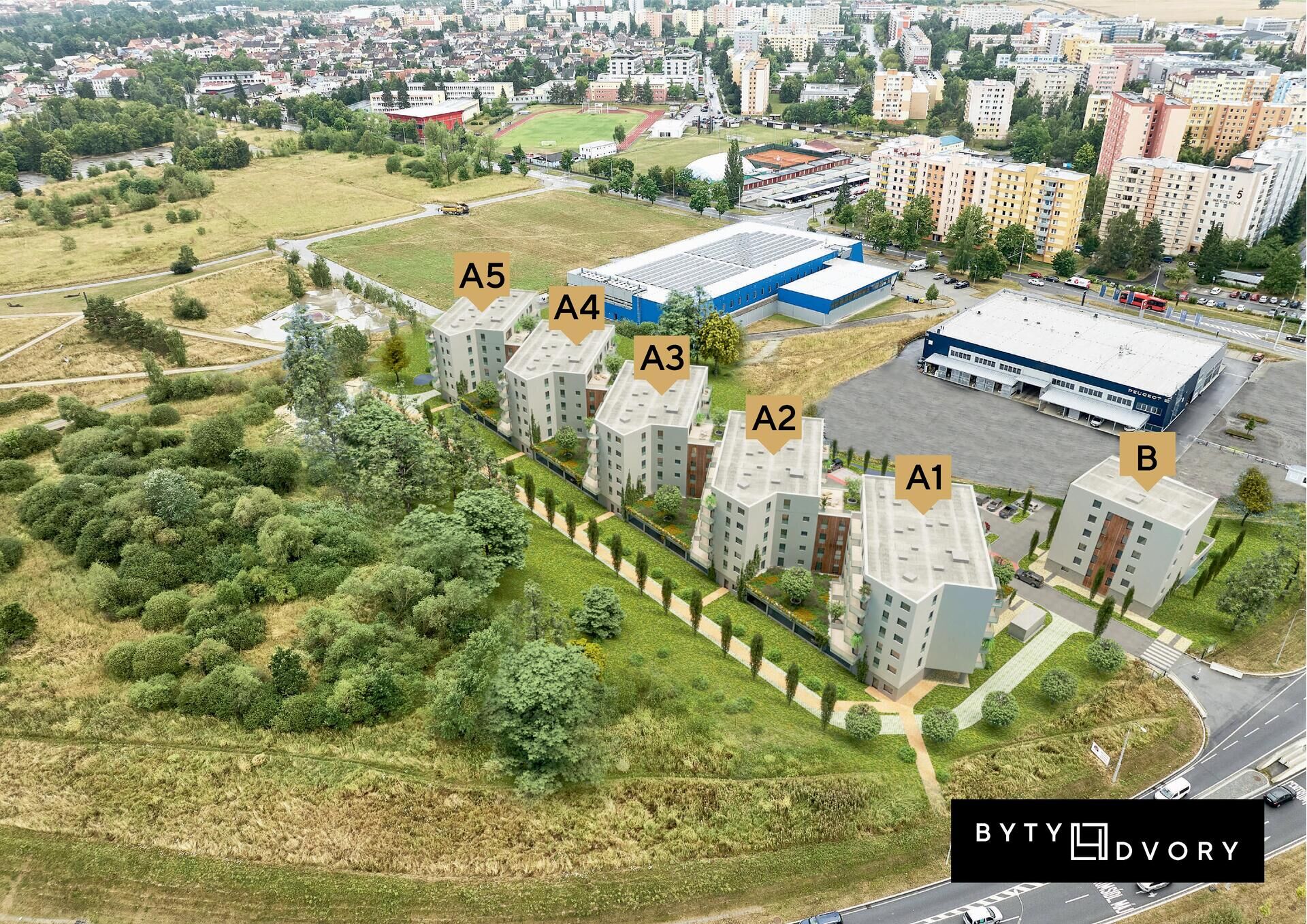 Zelené terasy u bytů ve 2. NP Byty 4 Dvory