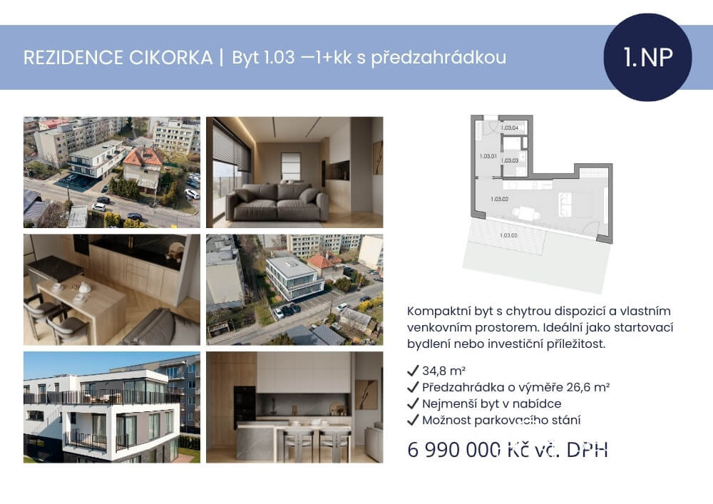 Prodej bytu 1+kk s předzahrádkou – Rezidence Cikorka, Praha – Modřany