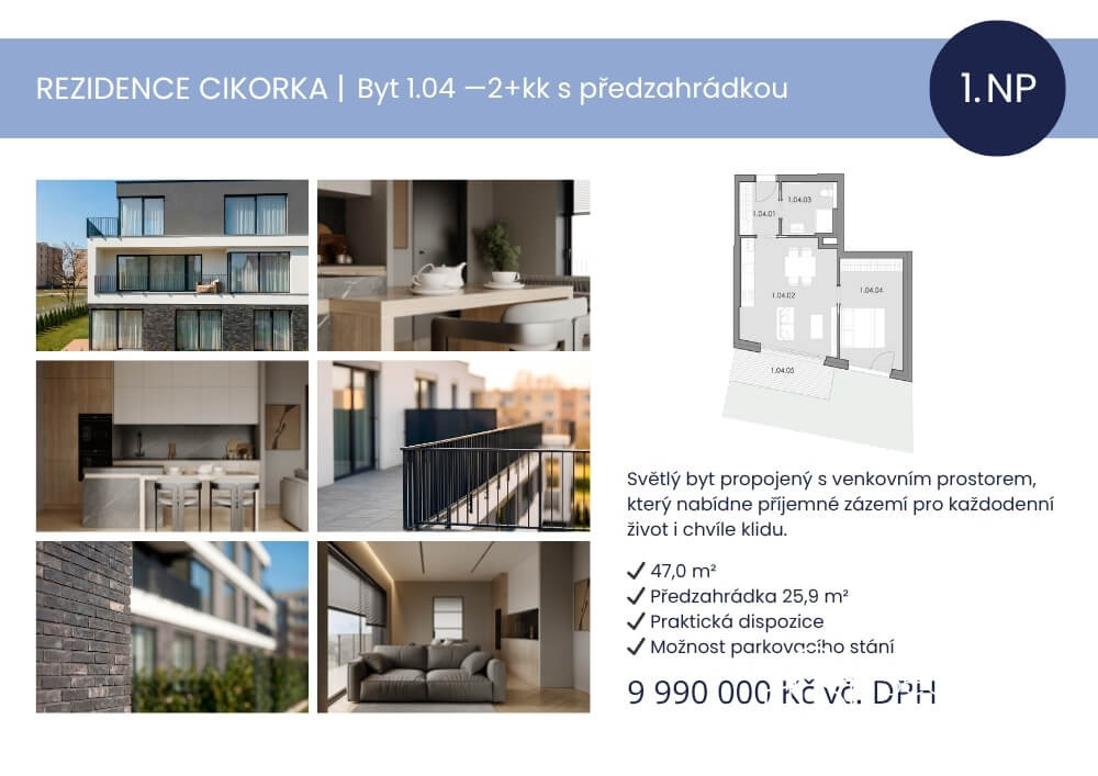 Prodej bytu 2+kk s předzahrádkou – Rezidence Cikorka, Praha – Modřany