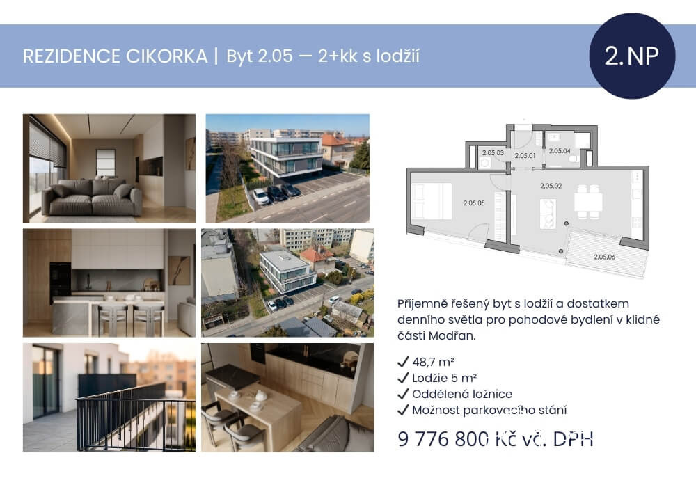 Prodej bytu 2+kk s lodžií – Rezidence Cikorka, Praha – Modřany