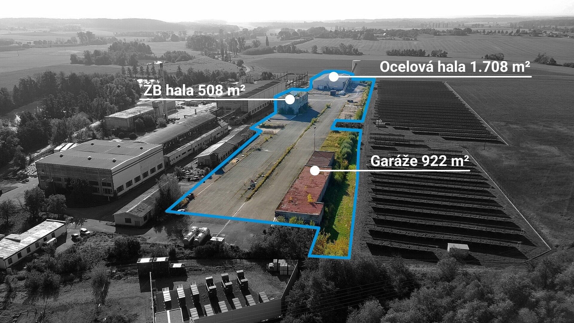 2 průmyslové haly, objekt 16 garáží a velké zpevněné pozemky