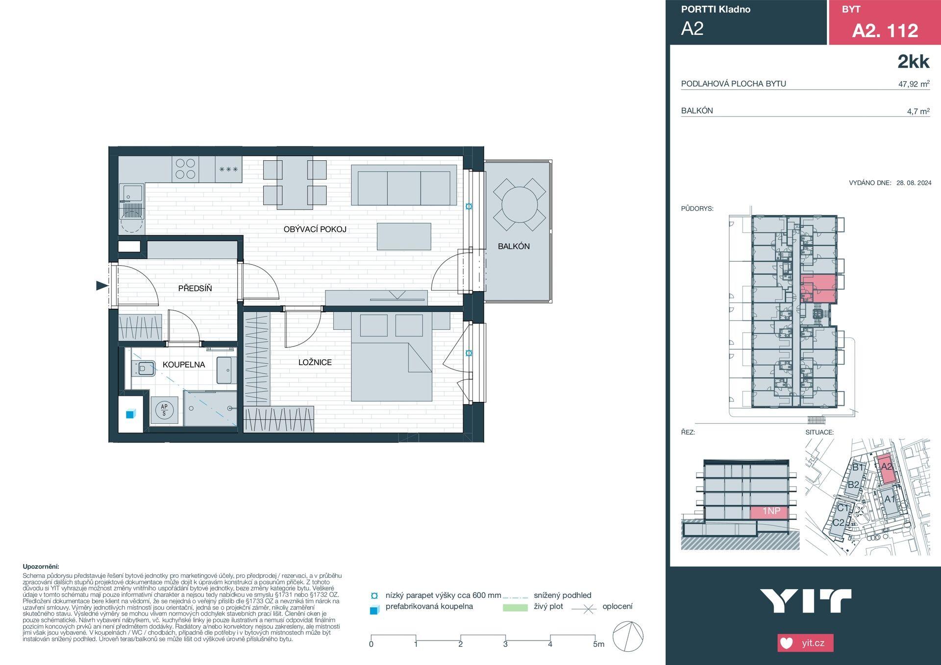 Nadstandardní bydlení v projektu PORTTI – moderní dr. byt 2+kk s garážovým stáním a balkonem. Kladno
