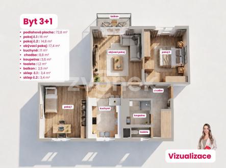 3D půdorys | Prodej bytu, 3+1, 82 m²