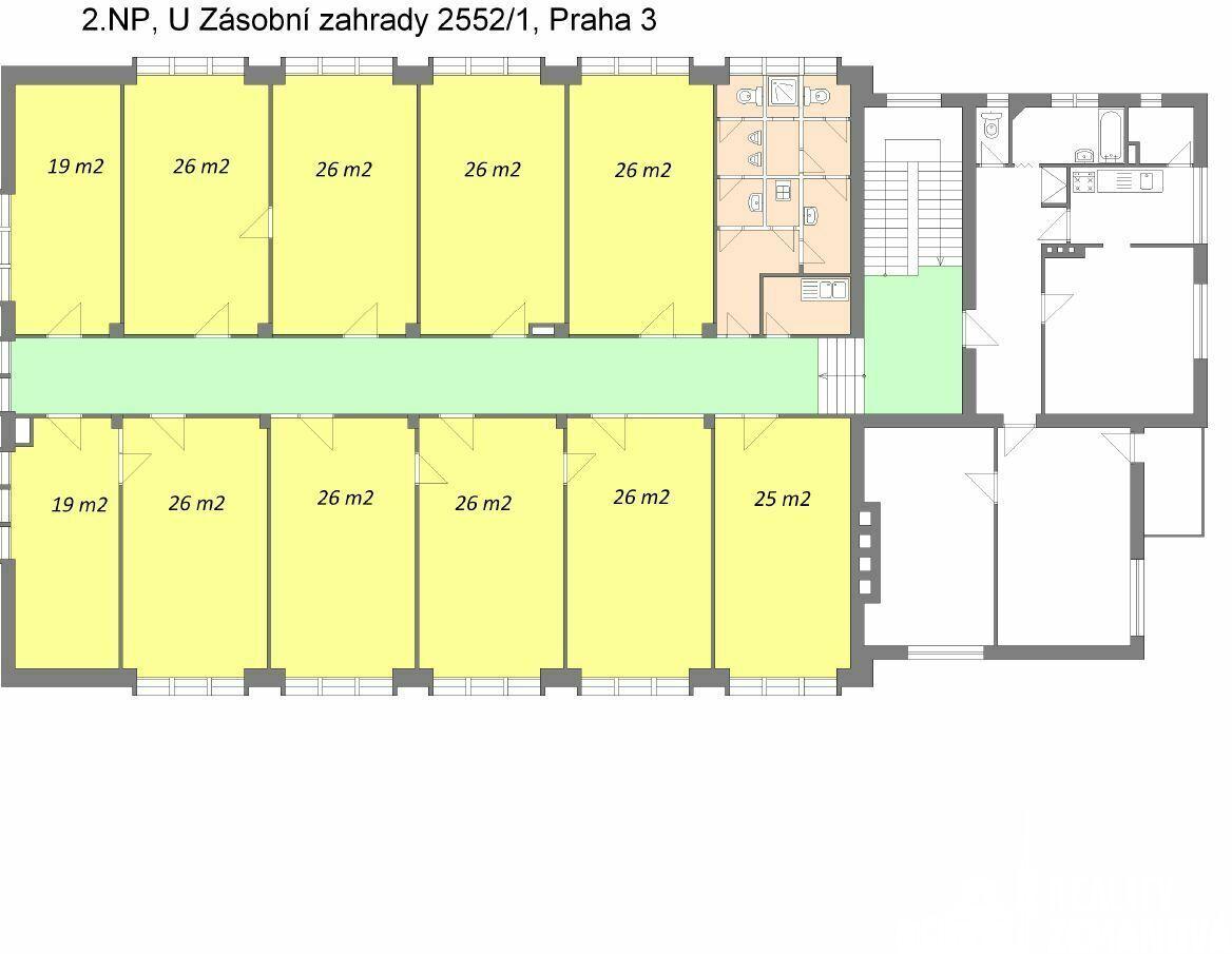 Pronájem kanceláří od 100 m2 po celá patra 347m2 nebo 457 m2, parkování, U zásobní zahrady, Praha 3