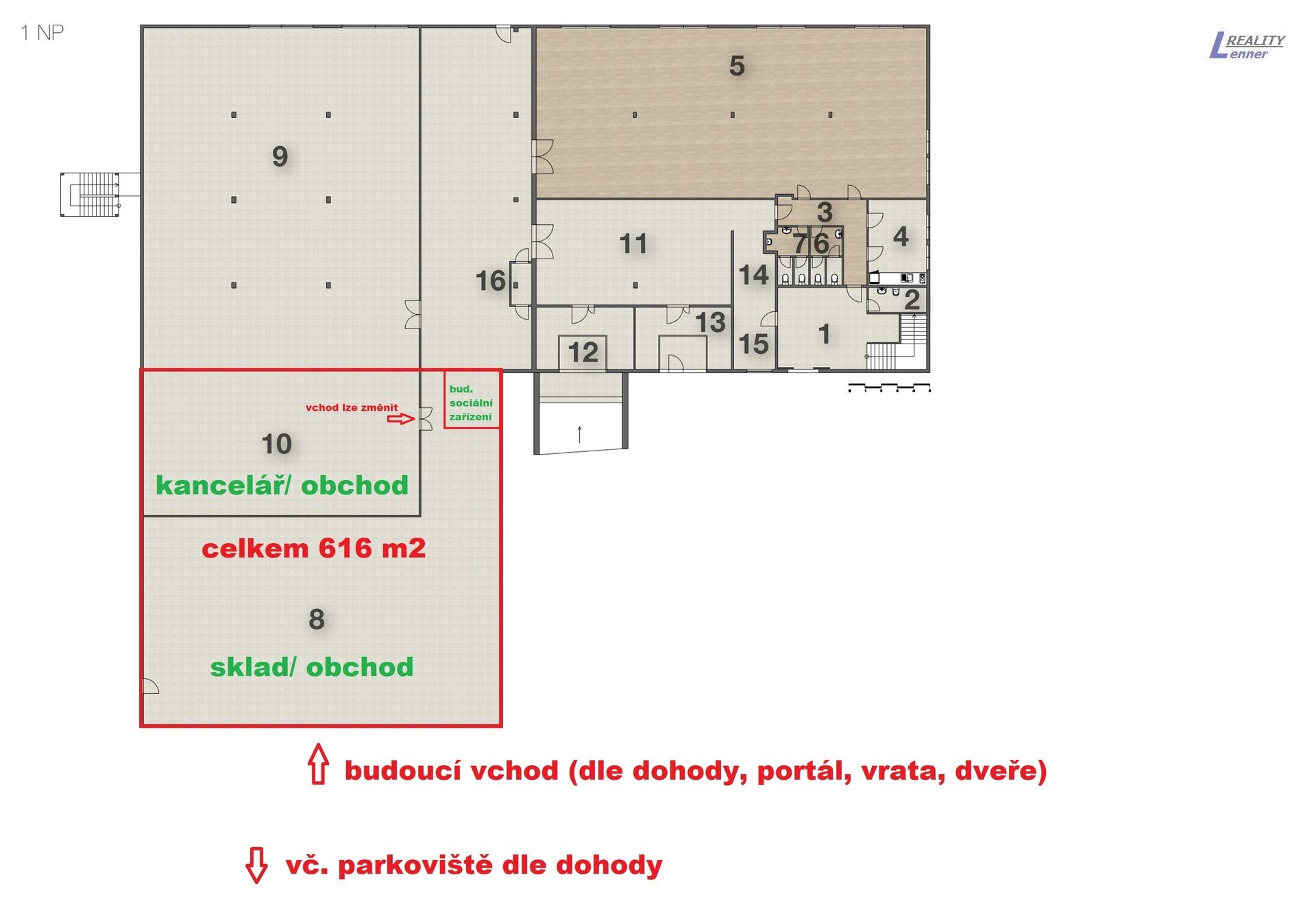 Pronájem části komerční budovy (převážně sklad, obchod) 616 m2 na pozemku 5.275 m2