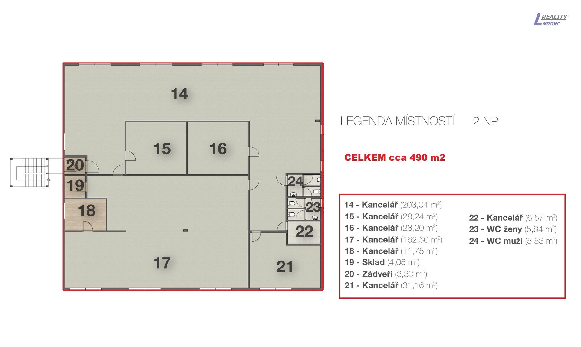 Pronájem části komerční budovy (kanceláře, callcentrum, přísluš.), 2.NP, 490 m2 na pozemku 5.275 m2.