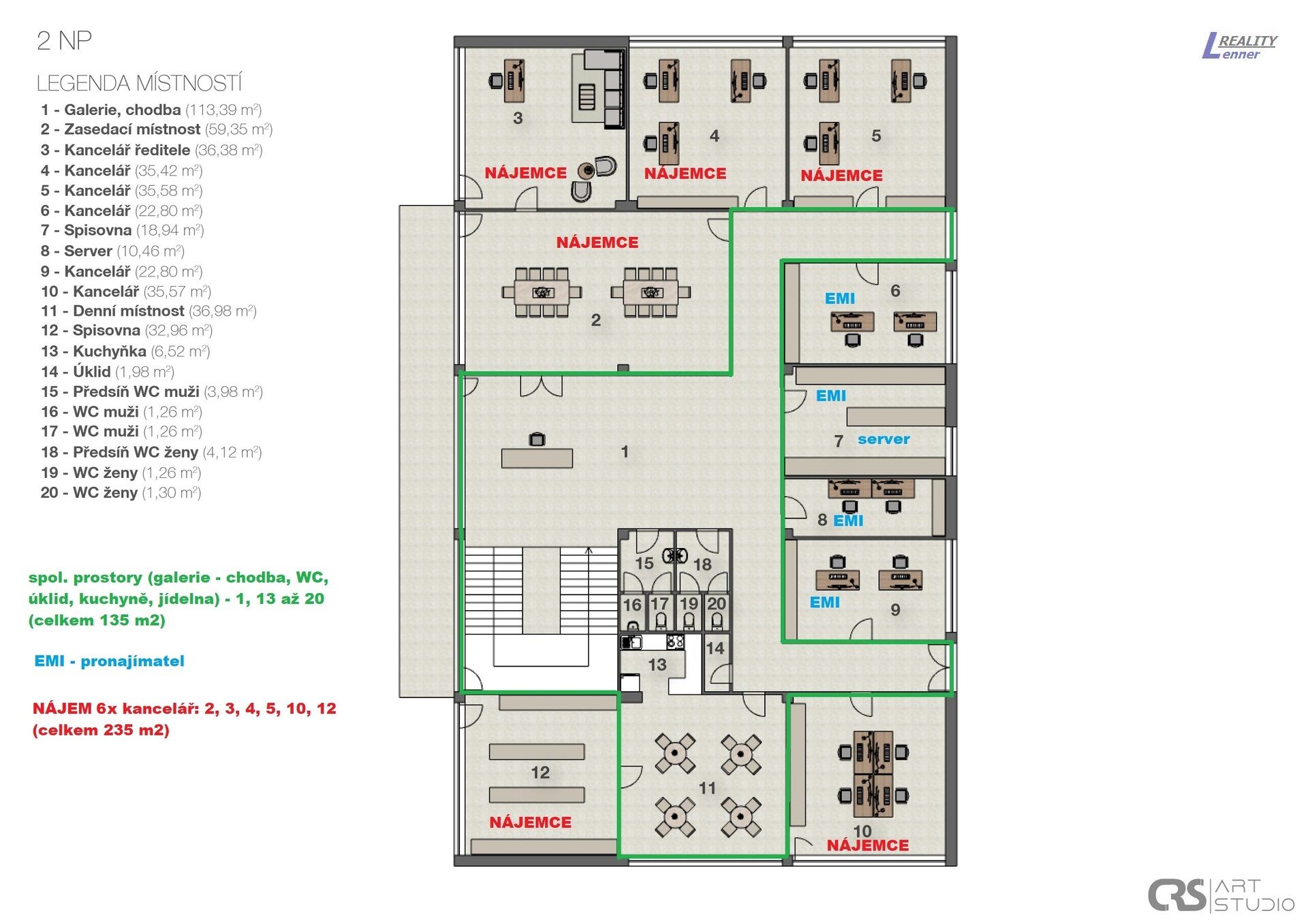 Pronájem kancelářských prostor (2x kancelář) celkem 70 m2, 2x parkovací stání
