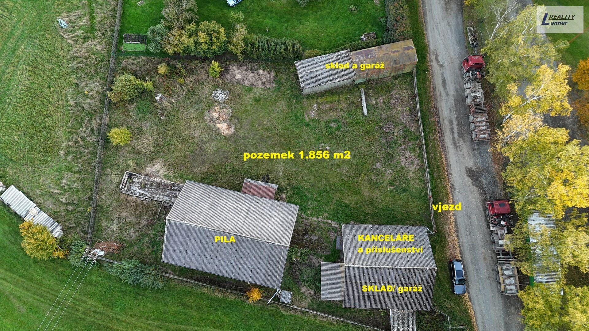 Průmyslový areál – pila, kancelář, dílna, garáž, pila, vše na pozemku 1.856 m2