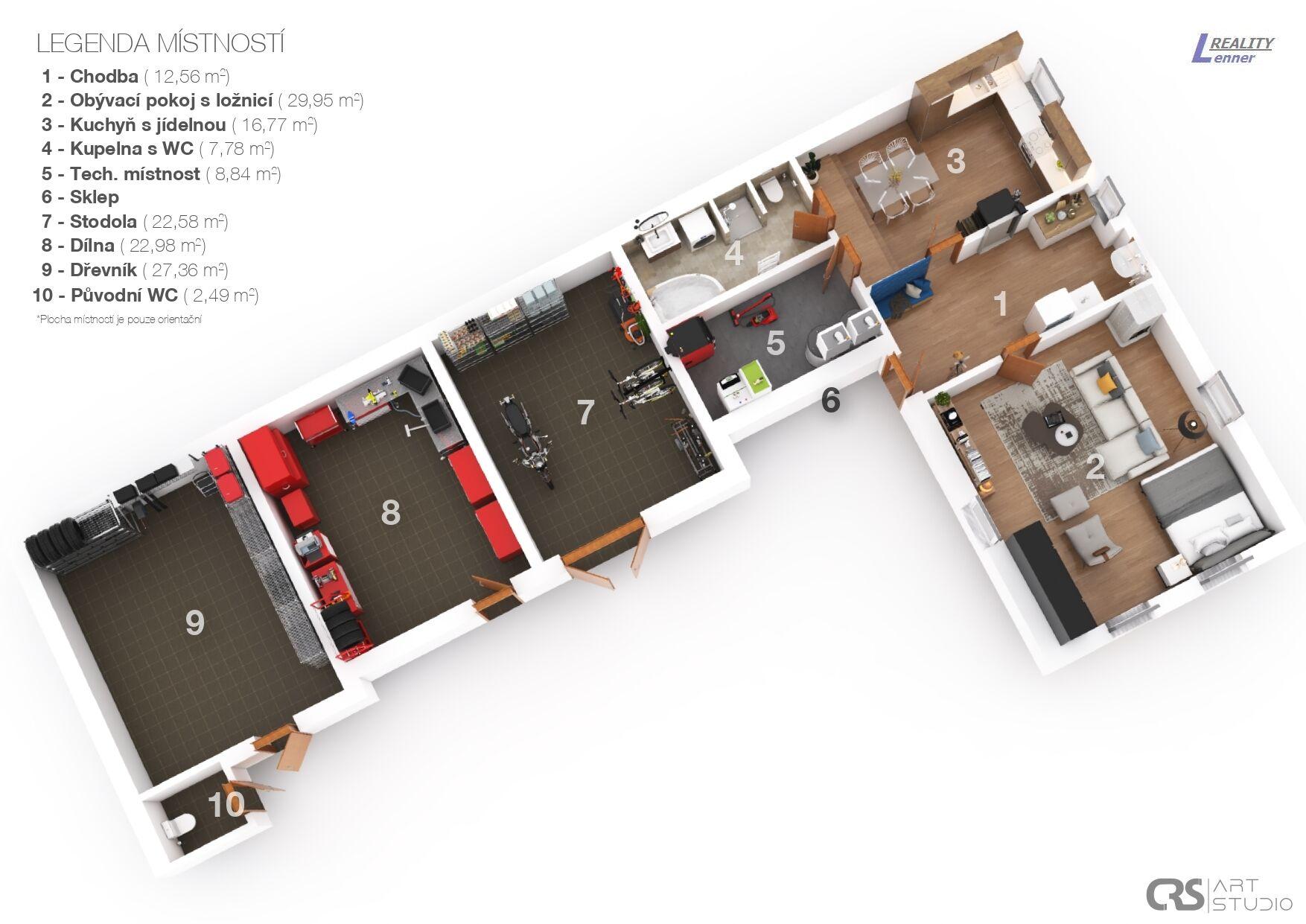 Zemědělská usedlost 2+kk (možnost půdní vestavby) / garáž, dílna, stodola – pozemek 2 176 m²