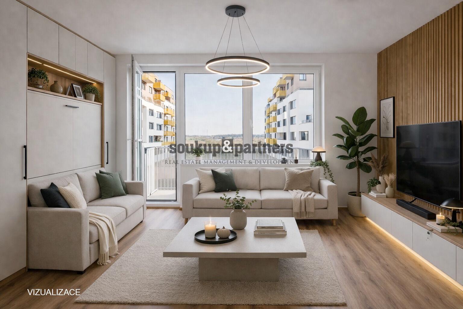 vizualizace obývacího pokoje s řešením vestavěné skříně se sklopnou postelí