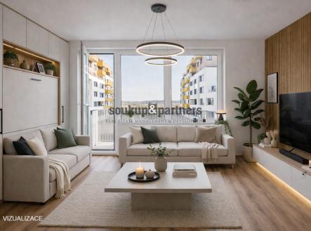 vizualizace obývacího pokoje s řešením vestavěné skříně se sklopnou postelí | Prodej bytu, 1+kk, 35 m²