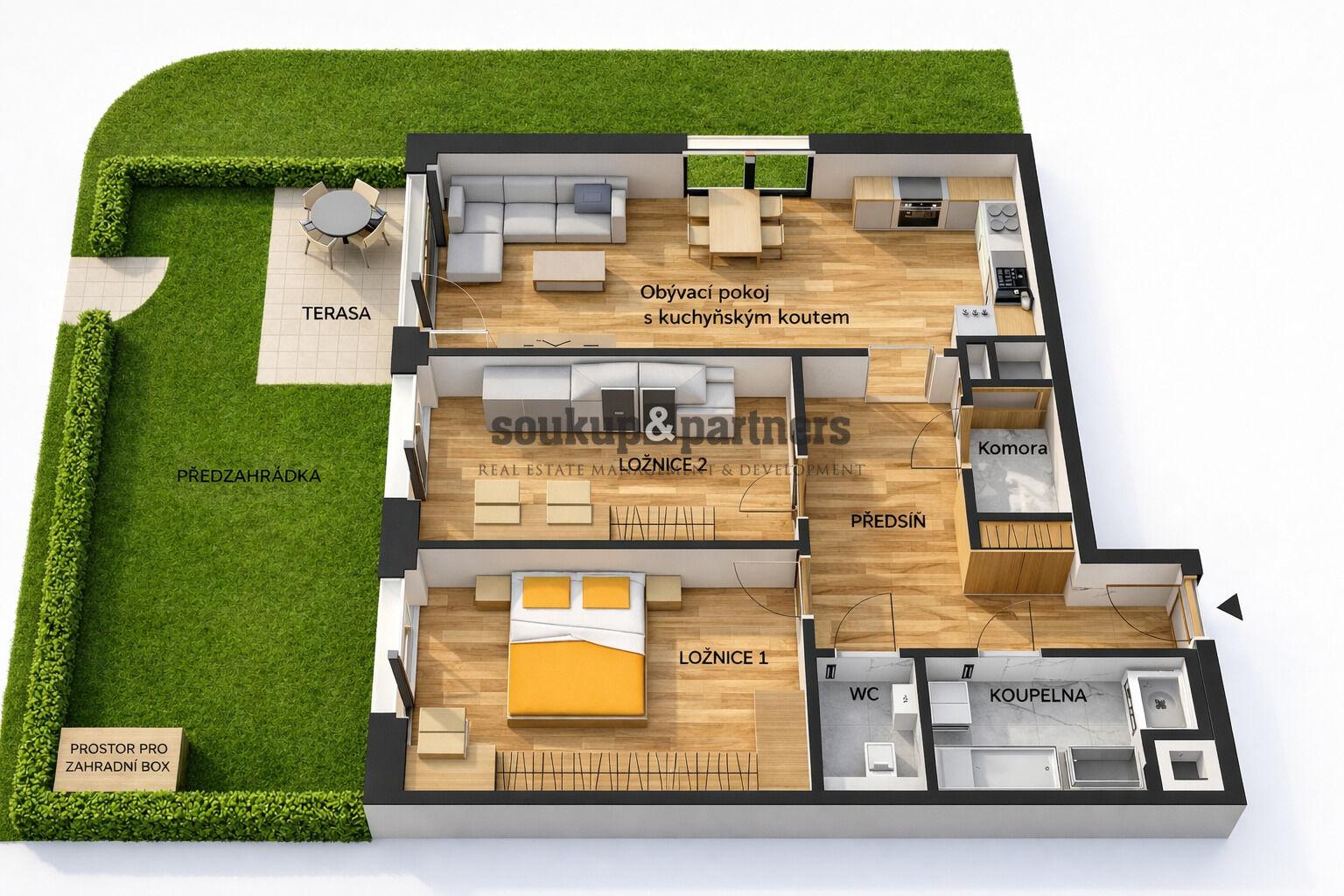 Nový družstevní byt 3+kk/ Komora - 76 m2 + (krajní) Předzahrádka 45 m2 - projekt PORTTI Kladno.