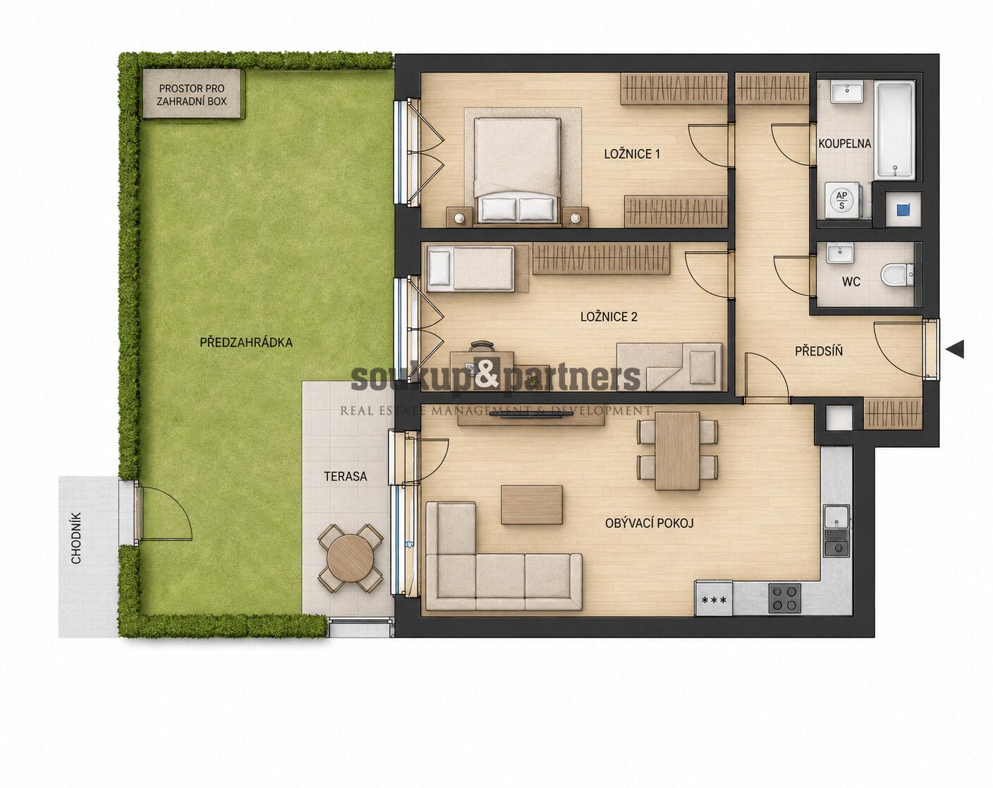 Nový družstevní byt 3+kk - 74 m2 + Předzahrádka 41 m2 - projekt PORTTI Kladno.